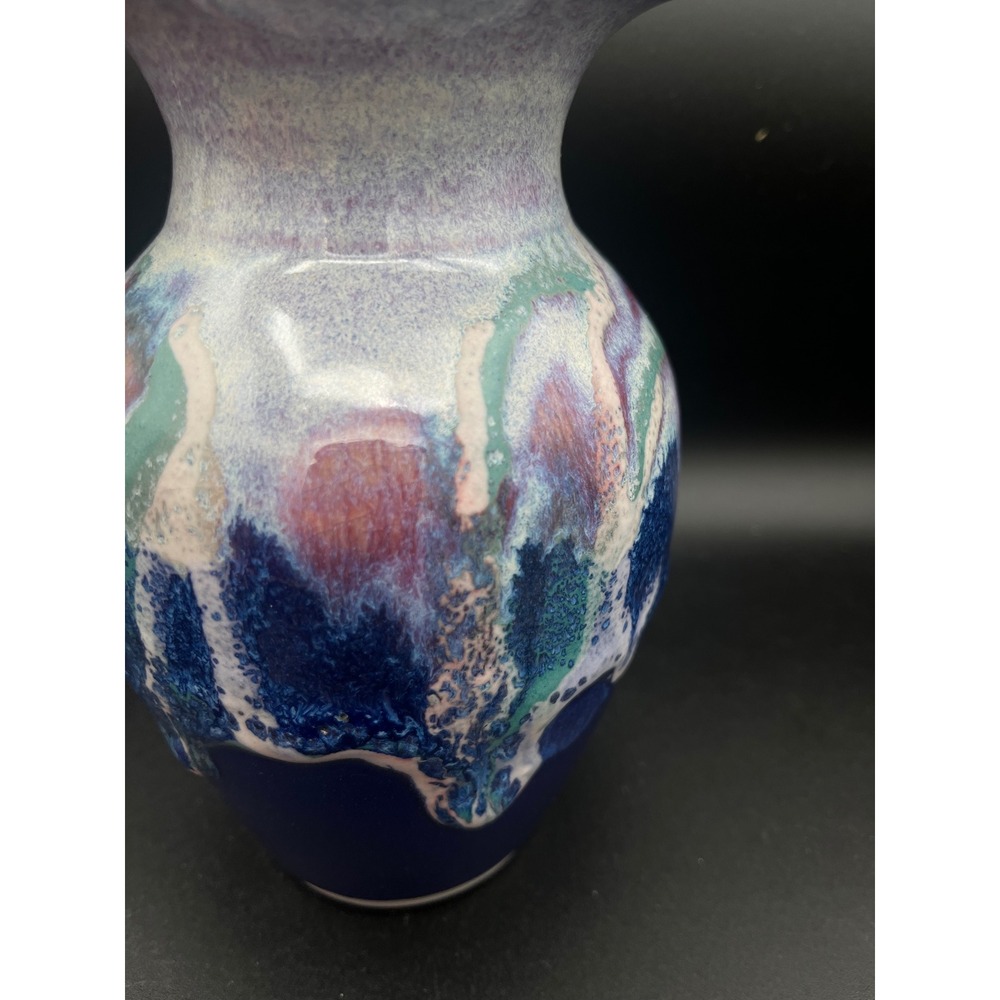 Studio Pottery Hand Signed Crystalline Drip Glaze Vase Blue Purple Green 6 inch - Picture 7 of 11